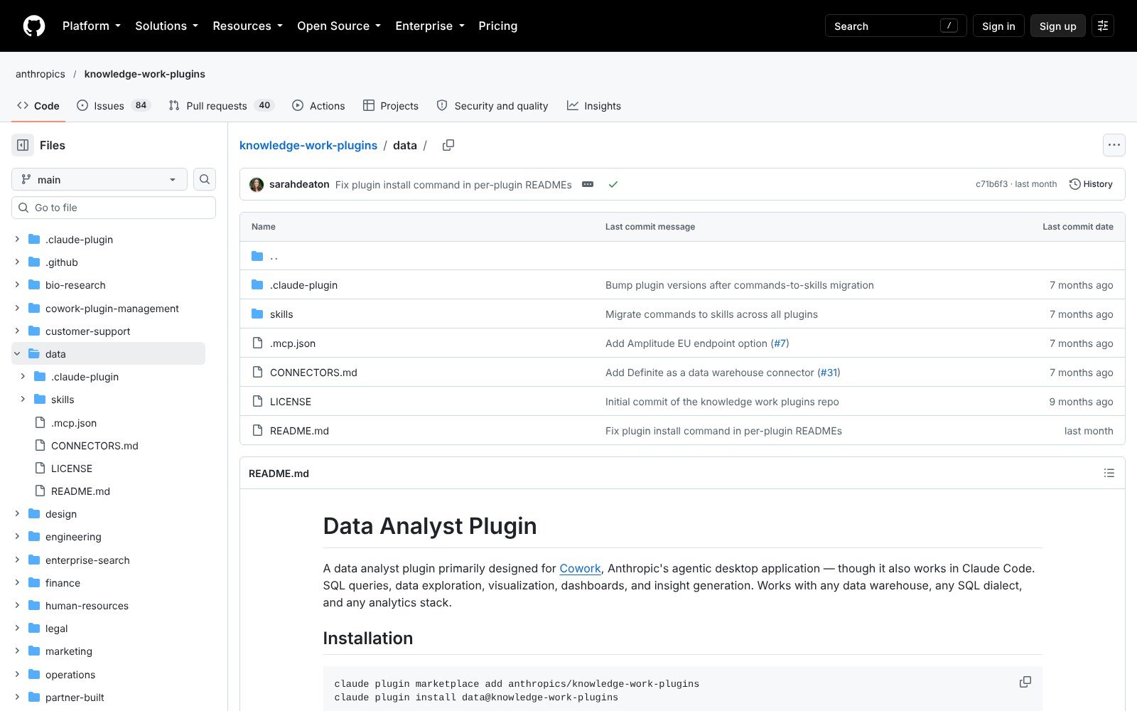 Anthropic Data Analyst plugin folder in the knowledge-work-plugins repo on GitHub