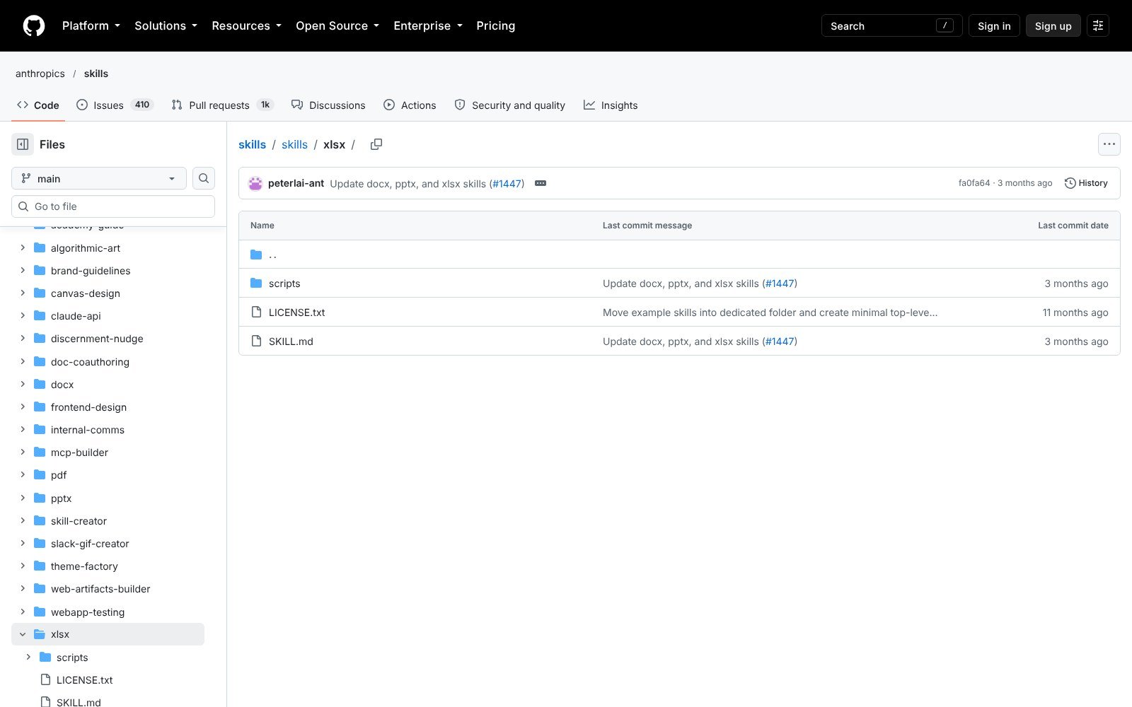 Anthropic xlsx skill folder in the anthropics/skills repo on GitHub