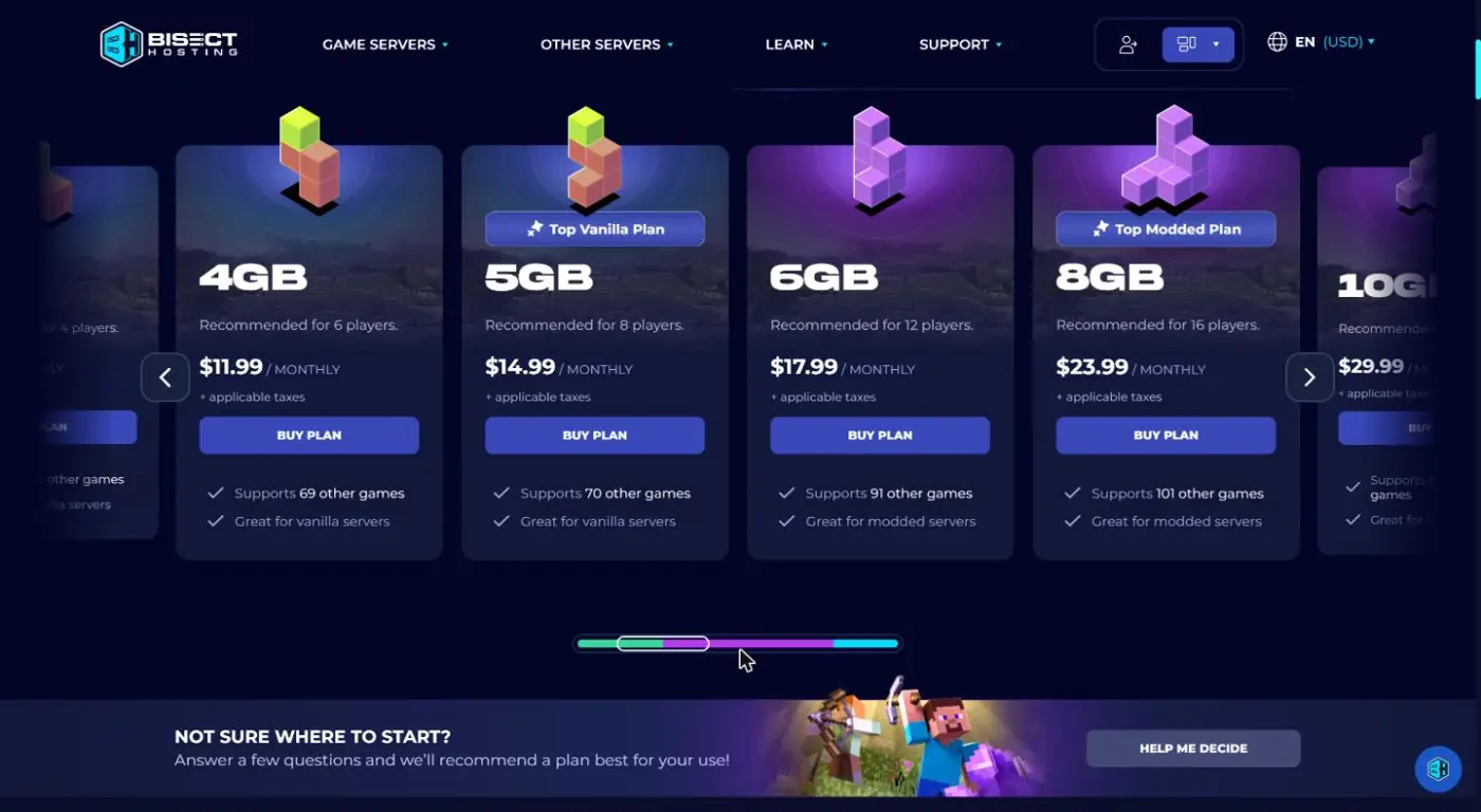 BisectHosting Minecraft server hosting pricing for modded plans