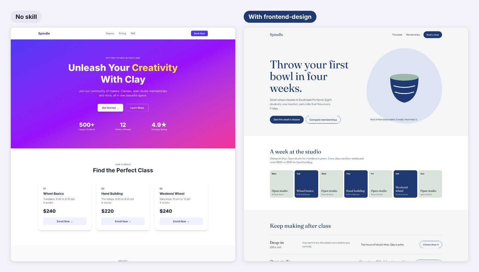 Pottery studio landing page built in Claude Code without a skill and with the frontend-design skill, side by side