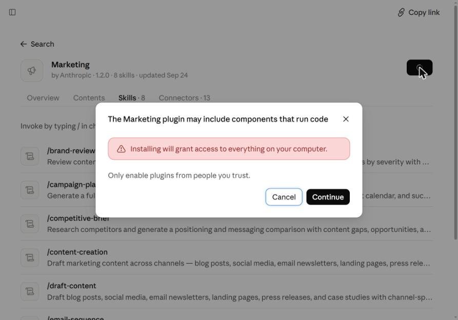 Claude warning when adding the Marketing plugin: installing will grant access to everything on your computer