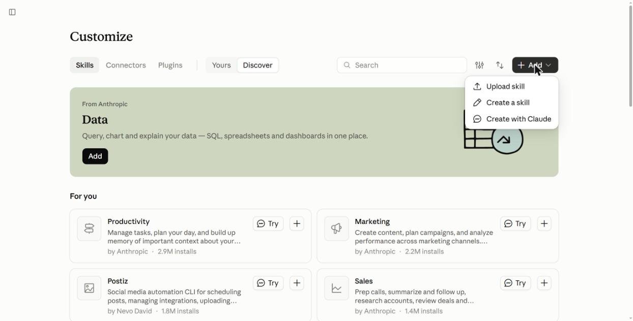 Claude Customize Skills page with the Add menu open: Upload skill, Create a skill, Create with Claude