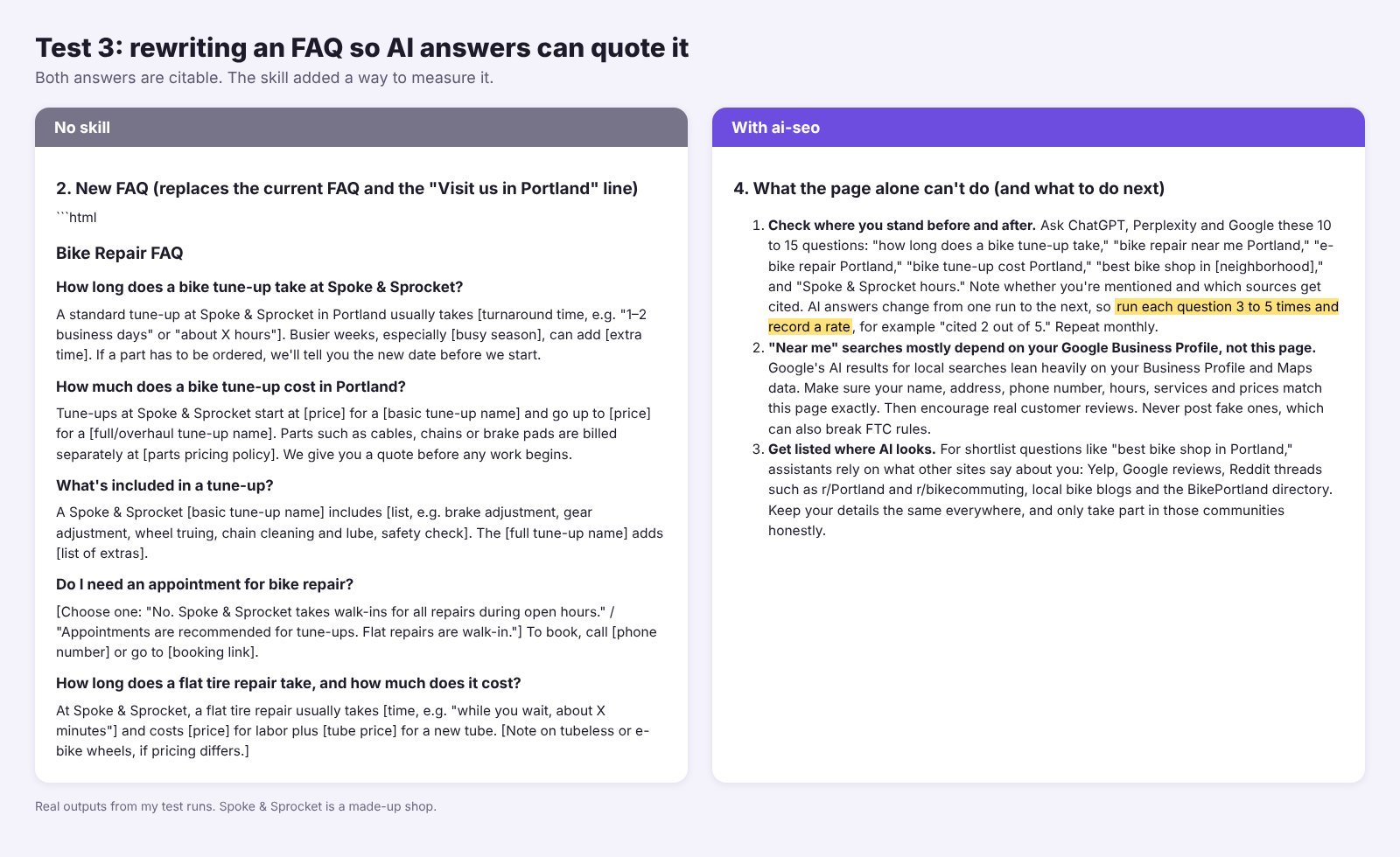 Claude FAQ rewrite for AI search without a skill and with the ai-seo skill