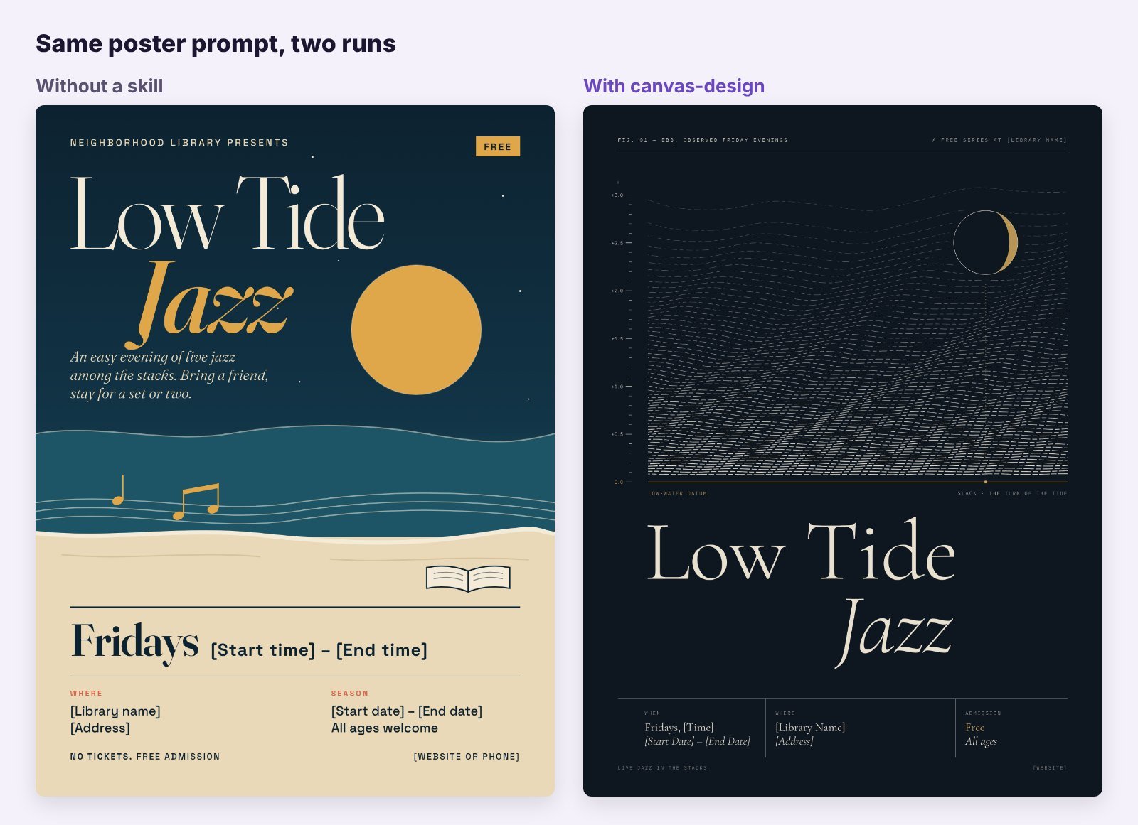 Two jazz night posters made by Claude, one without a skill and one with the canvas-design skill, side by side