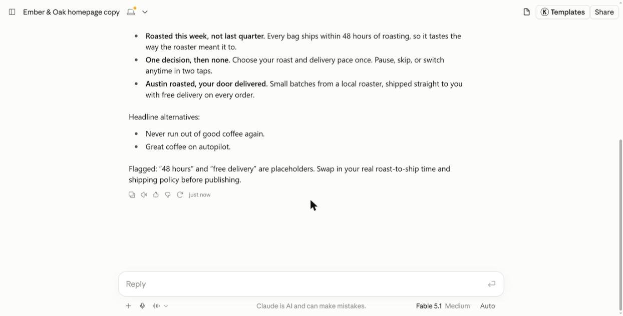 Claude copywriting skill output with headline alternatives and flagged placeholder claims