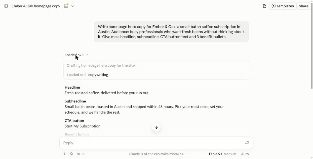 Claude reply showing the copywriting skill loaded automatically for a hero copy request