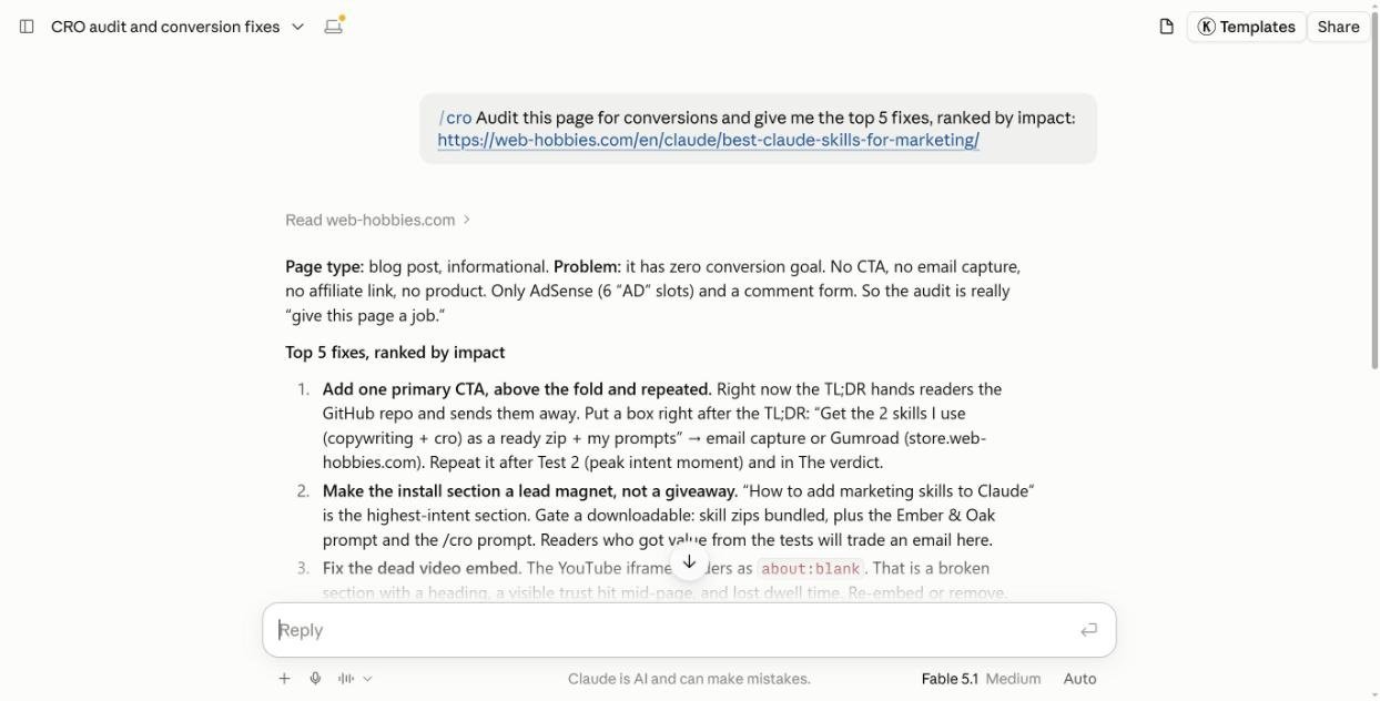 Claude cro skill audit of a blog post listing the top fixes ranked by impact