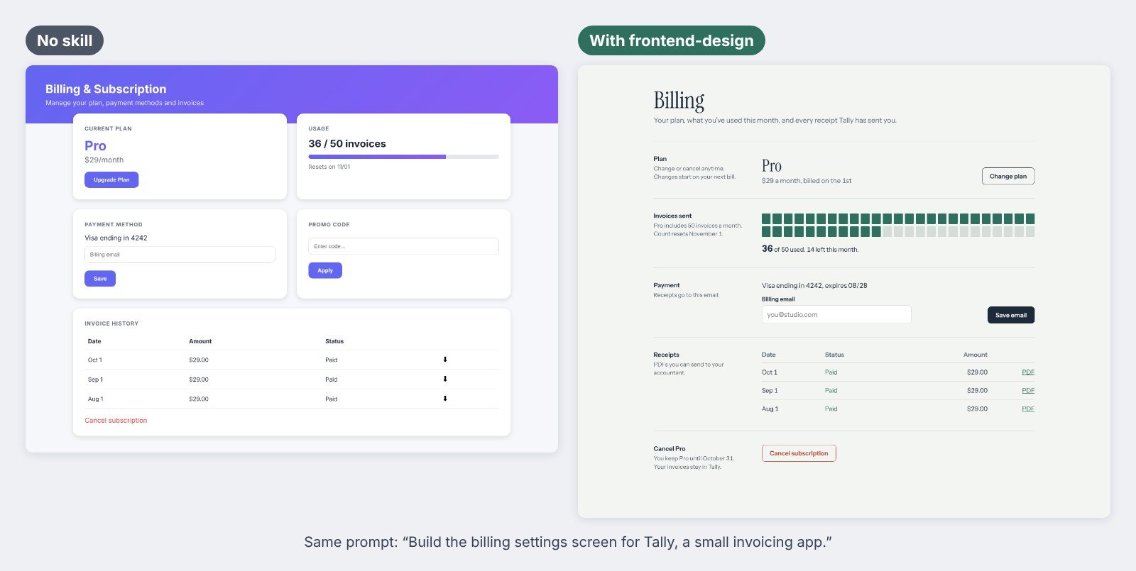 Billing settings screen built by Claude without a skill and with the frontend-design skill, side by side