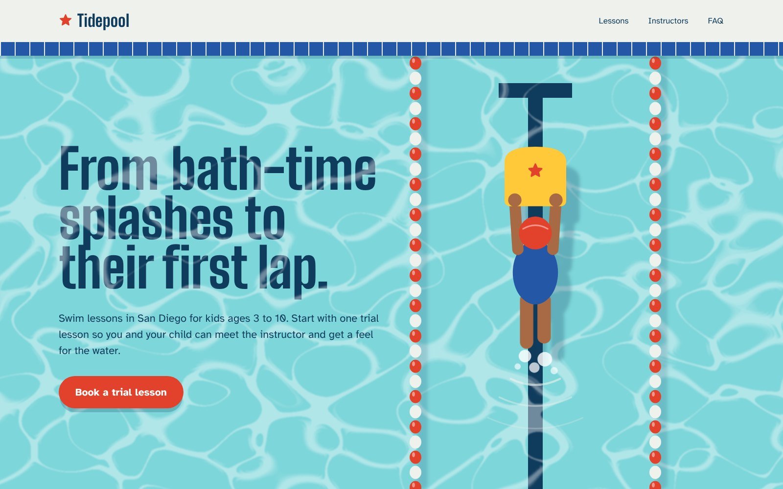 Swim school hero designed by Claude with the frontend-design skill: top-down pool lanes, rope floats and a child on a kickboard