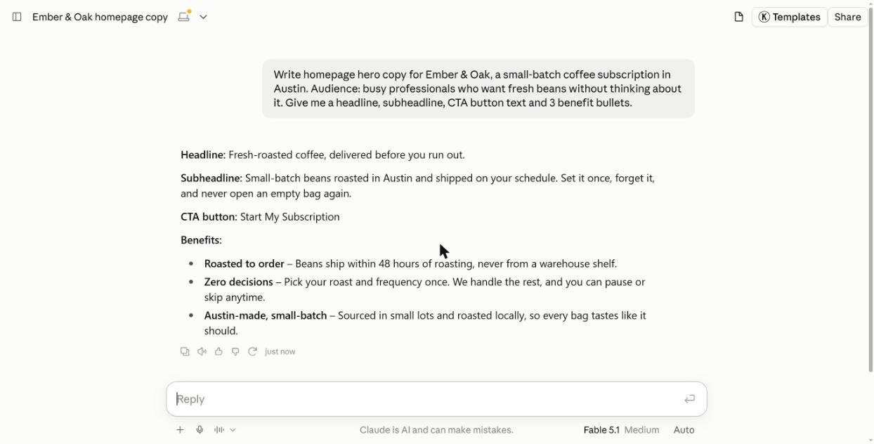 Claude homepage hero copy for a coffee subscription written without a marketing skill