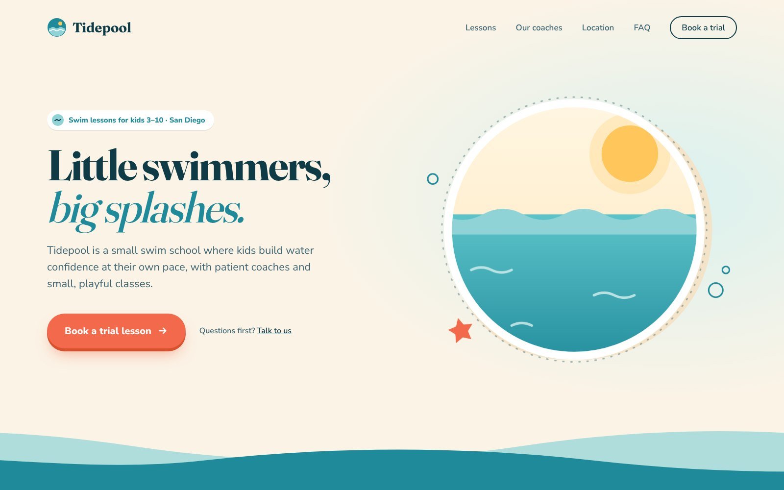 Swim school landing page hero designed by Claude without a design skill: cream background, serif headline with italic accent