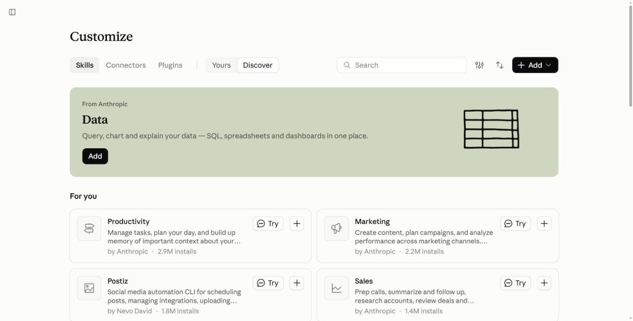 Claude Customize Skills Discover tab listing Anthropic skills with install counts