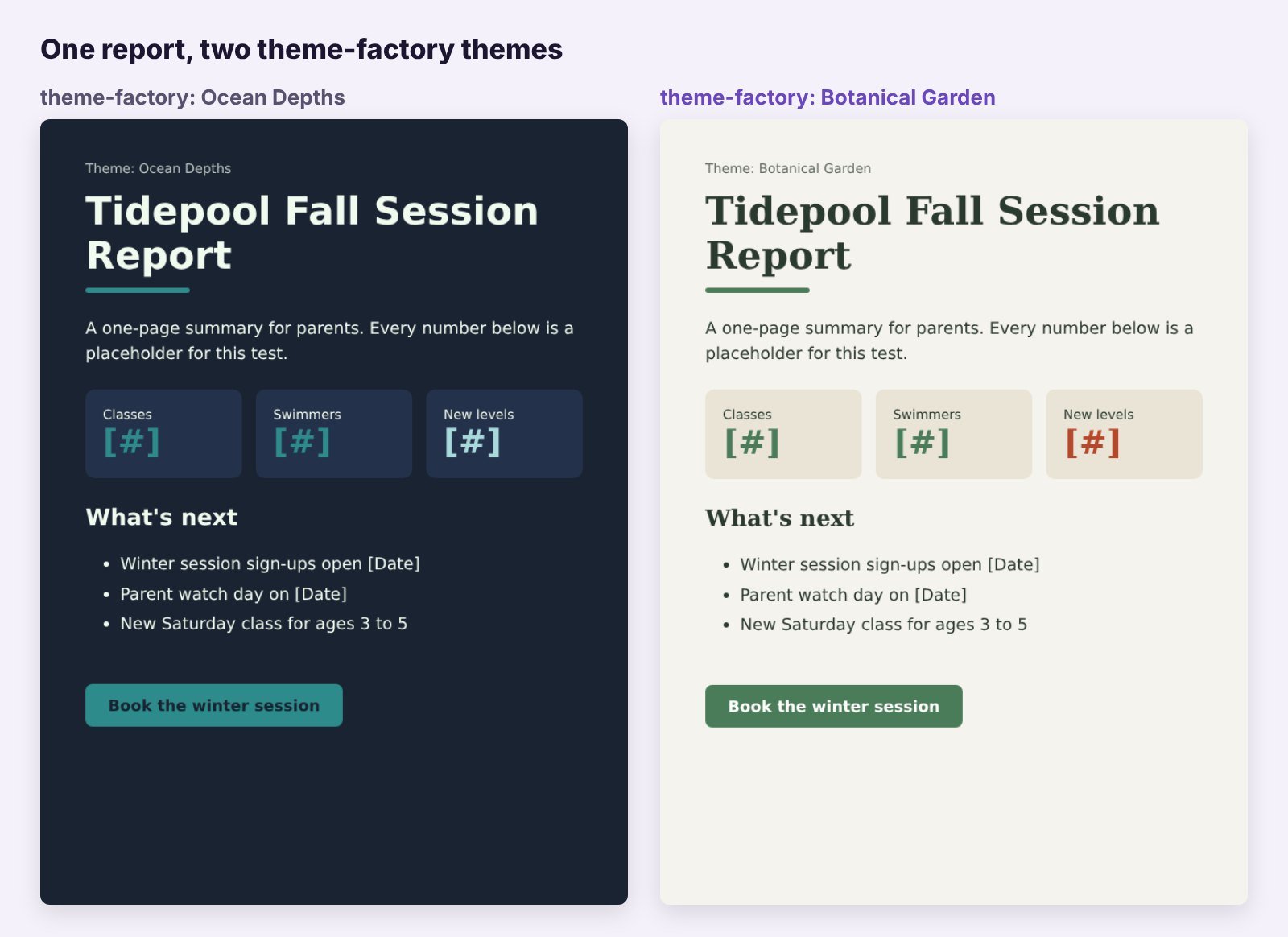 One report styled with two theme-factory themes for Claude: Ocean Depths and Botanical Garden