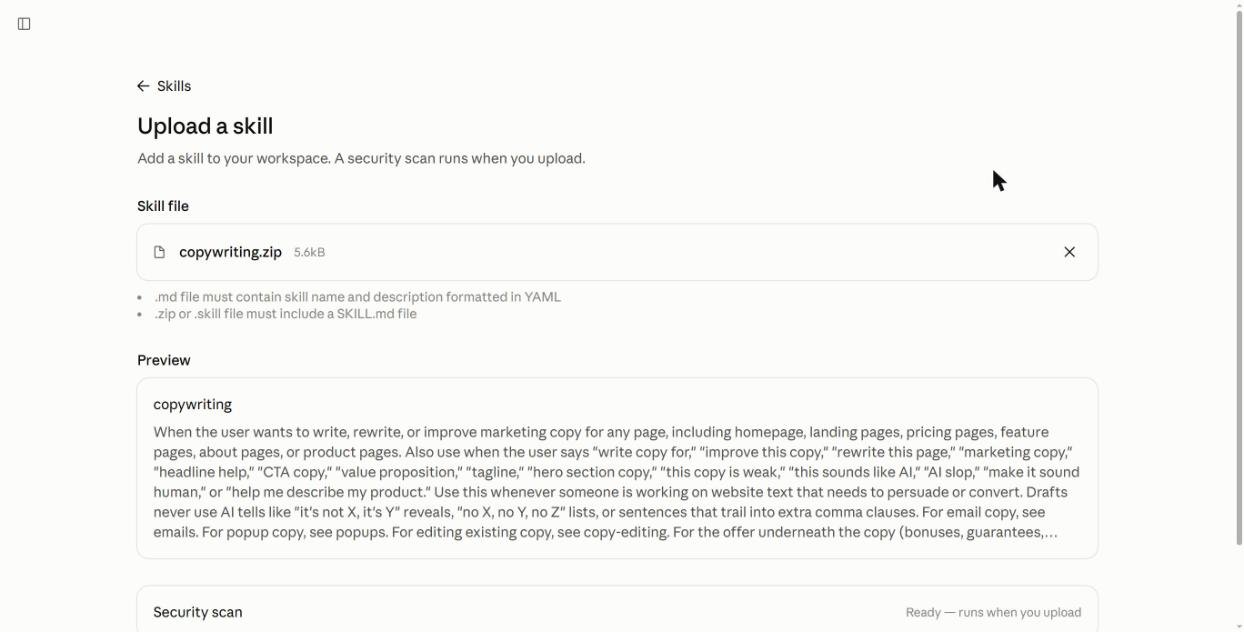 Claude Upload a skill screen with copywriting.zip and the skill description preview