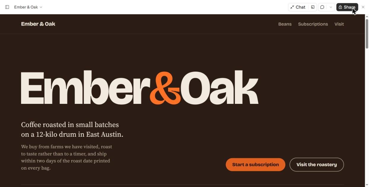 Coffee roaster website hero built by Claude with the frontend-design skill, large brand name and serif text