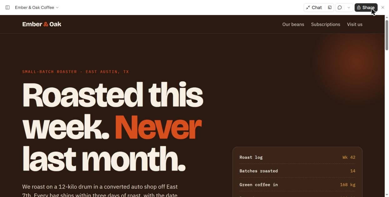 Coffee roaster website hero built by Claude without a design skill, with eyebrow label and one highlighted word