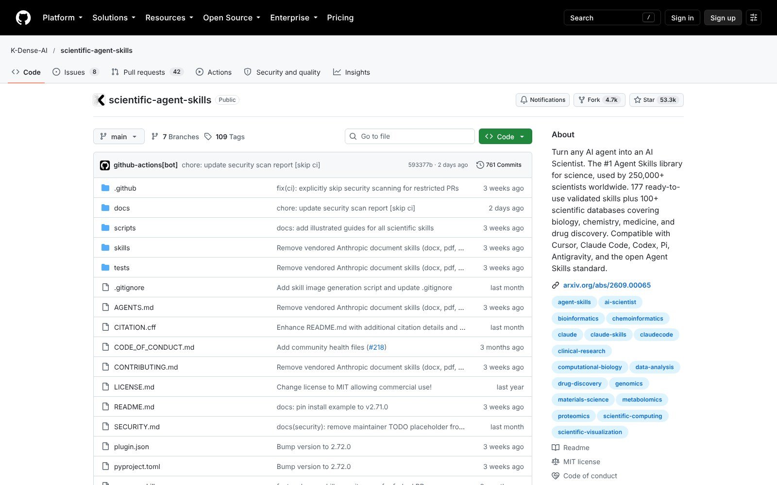 K-Dense scientific-agent-skills repository on GitHub with 177 skills for data analysis and research