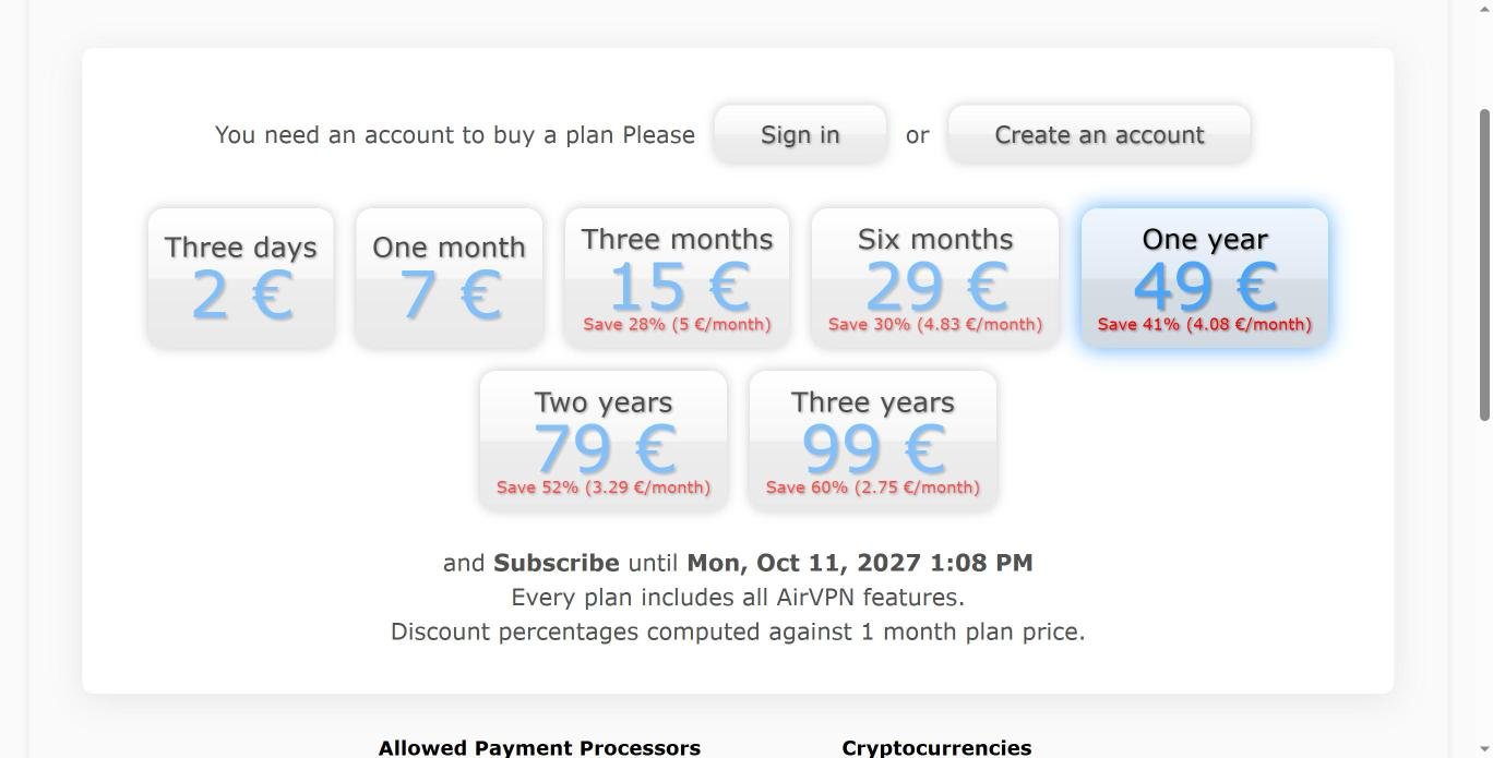 AirVPN plans and prices from 3 days to 3 years