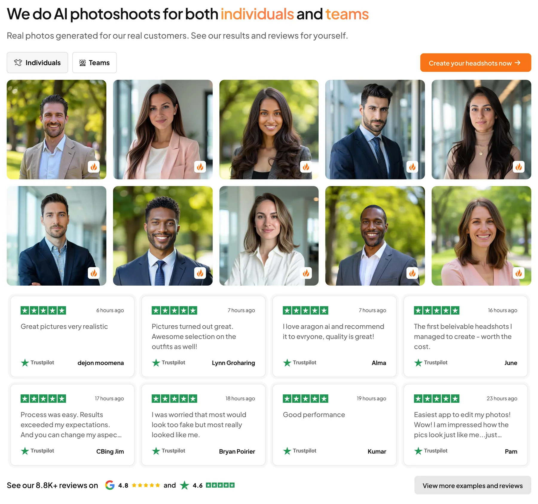 Aragon AI official headshot samples from real customers with Trustpilot reviews, shown on aragon.ai
