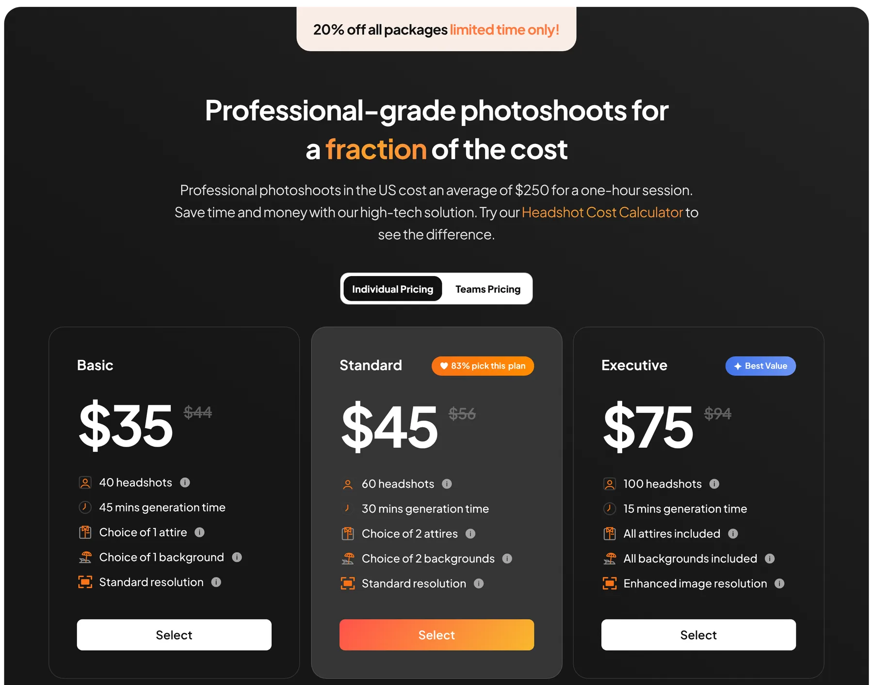 Aragon AI pricing page showing Basic $35, Standard $45 and Executive $75 headshot plans