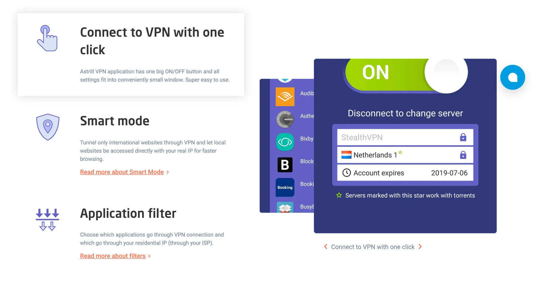 Astrill VPN app one-click ON button with StealthVPN selected