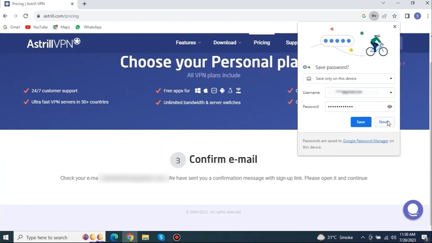 Astrill sign-up step 3: confirm your e-mail with the sign-up link
