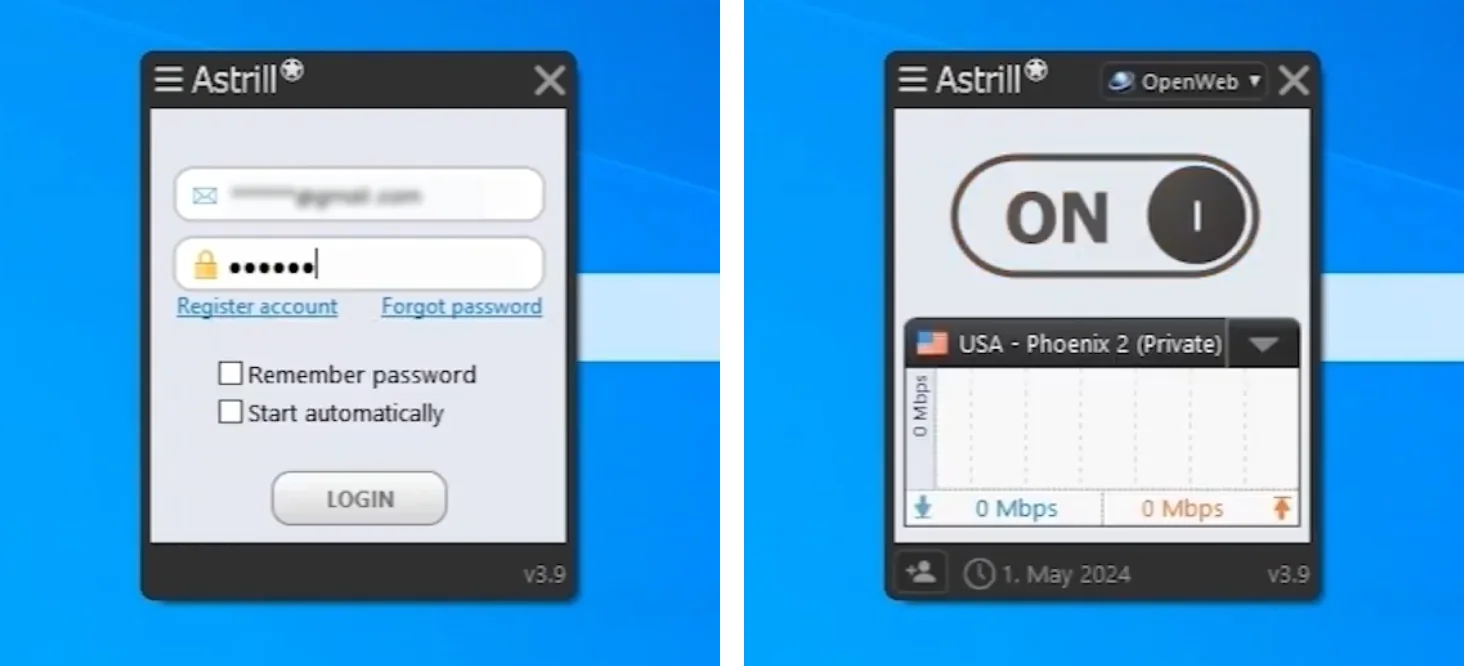 Astrill desktop app login window and the ON switch once connected