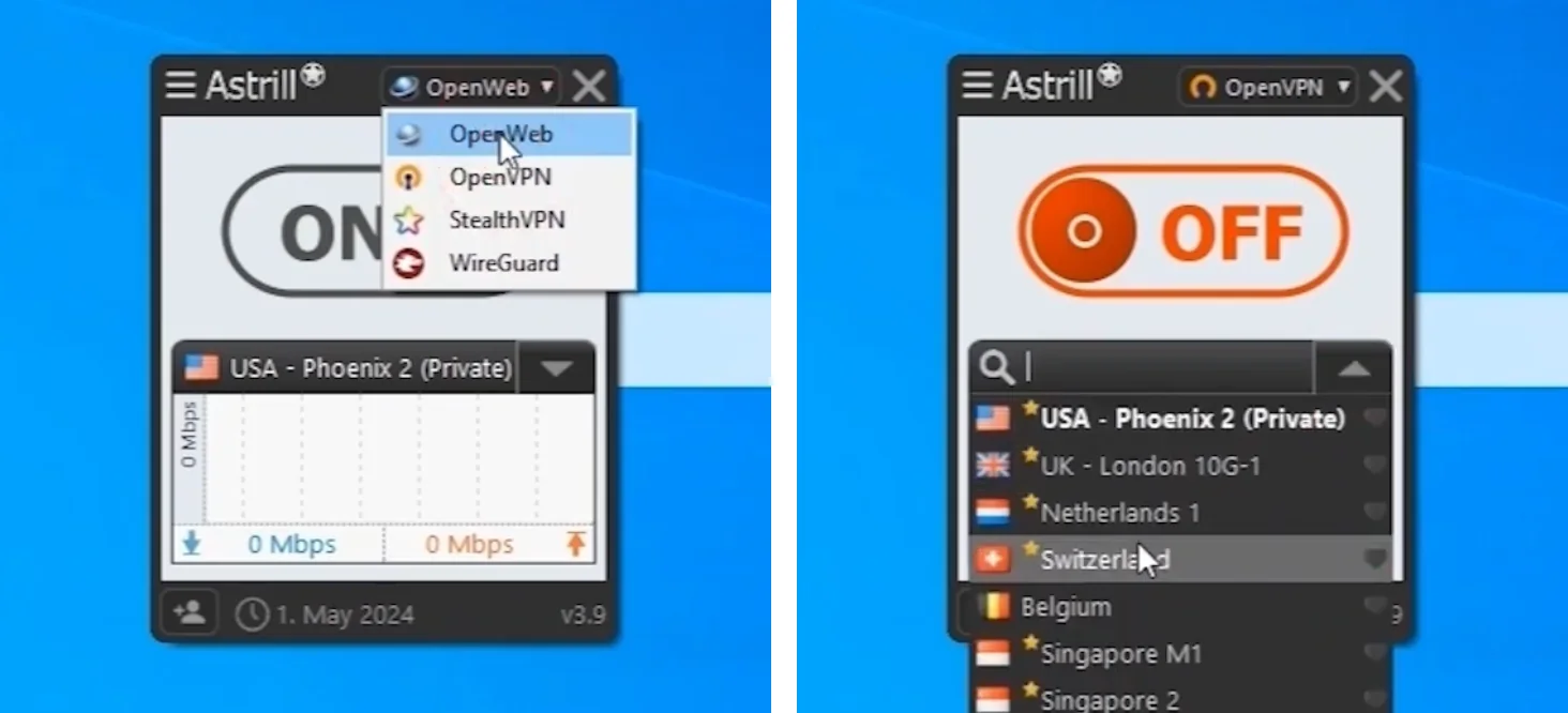 Astrill desktop app: protocol menu with OpenWeb, OpenVPN, StealthVPN, WireGuard and the searchable server list