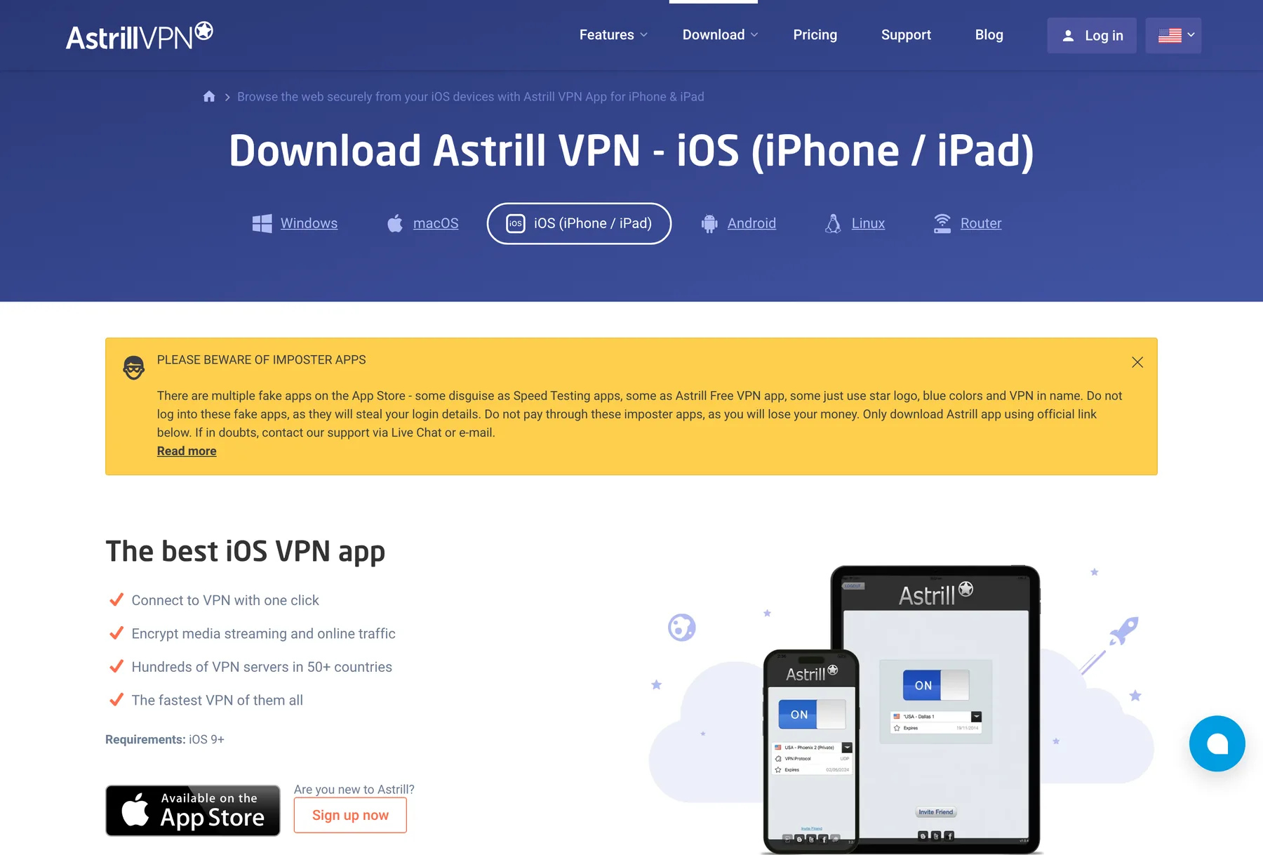 Astrill VPN iOS download page with fake app warning