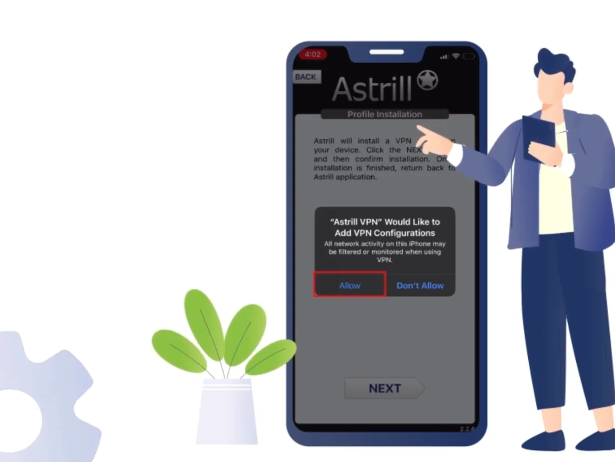 iPhone prompt: Astrill VPN would like to add VPN configurations, tap Allow