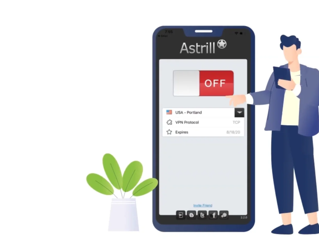 Astrill iPhone app main screen with OFF switch, server, VPN protocol and expiry date