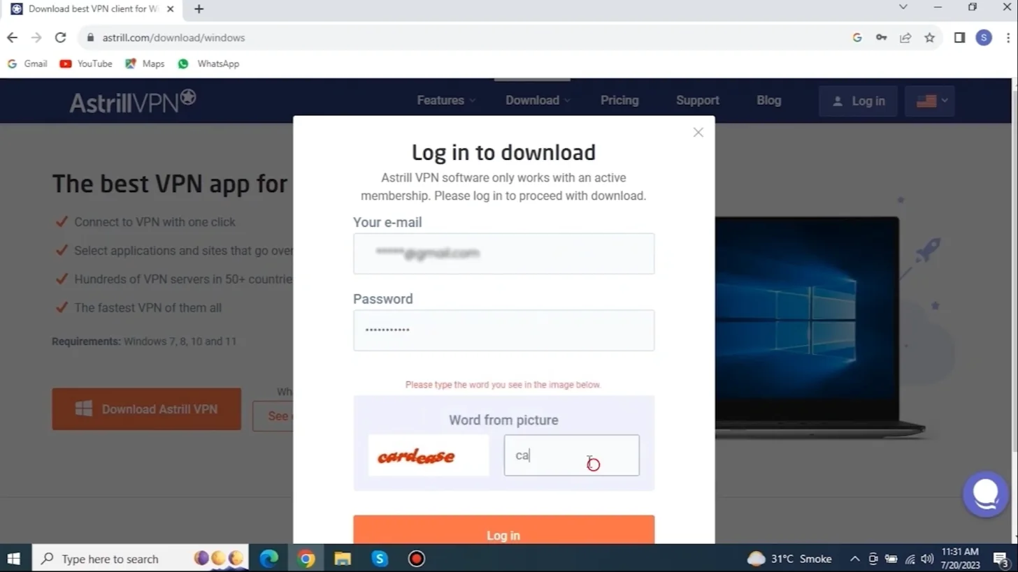 Astrill Windows download page asking you to log in: software only works with an active membership