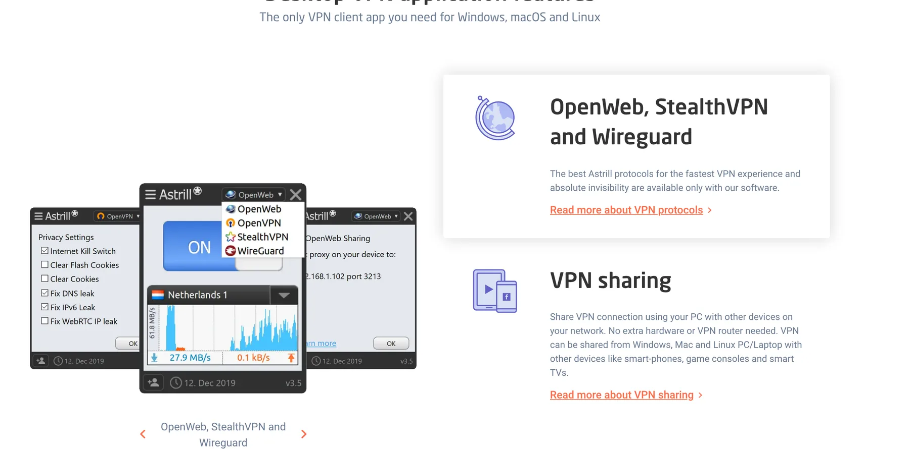 Astrill desktop app protocol menu with OpenWeb, OpenVPN, StealthVPN and WireGuard