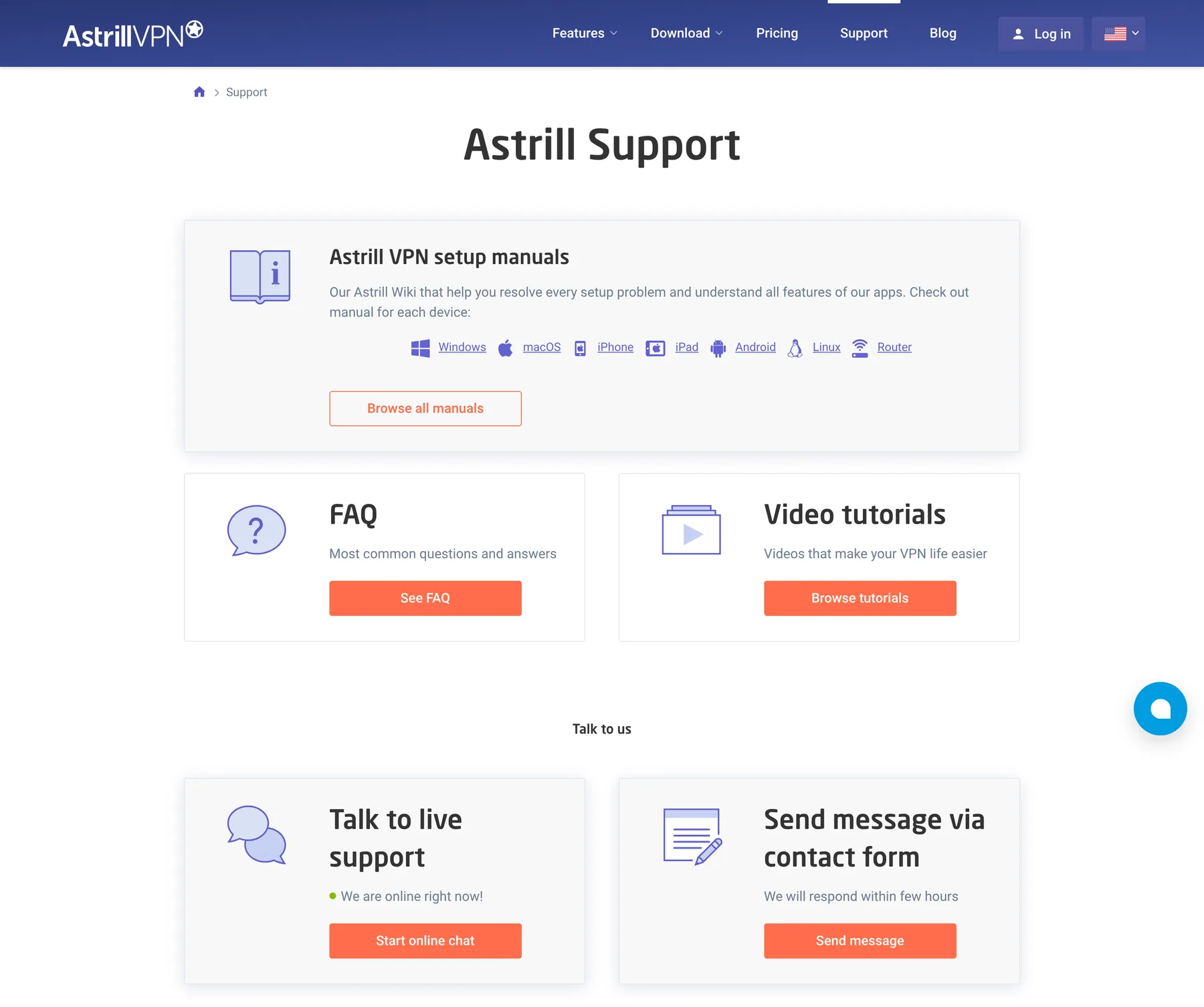 Astrill support page with setup manuals, FAQ and live chat