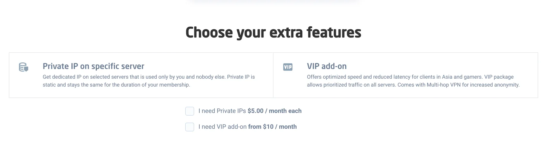 Astrill add-ons on the pricing page: Private IP $5 per month, VIP from $10 per month