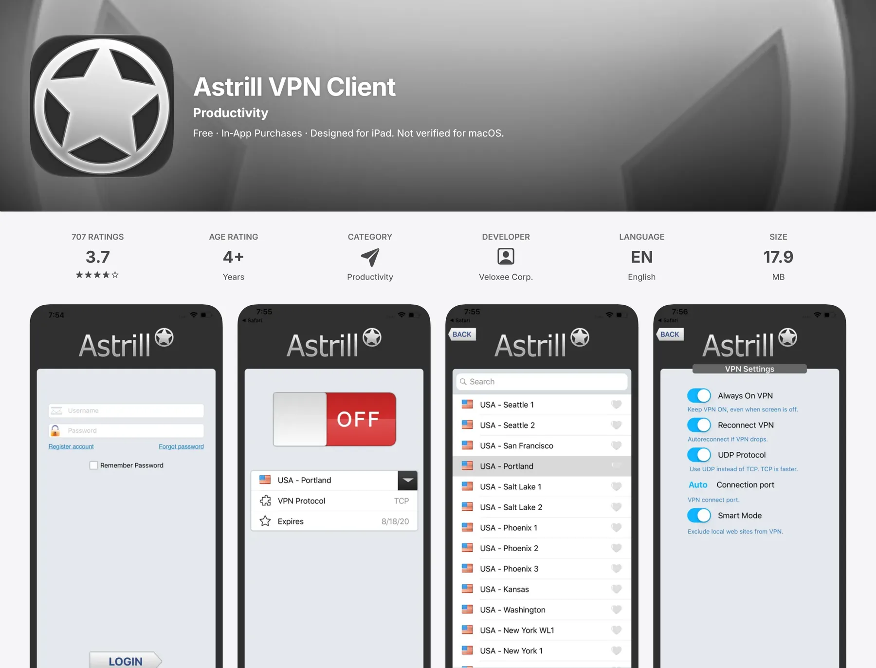 Astrill VPN Client App Store listing by Veloxee Corp with app screenshots