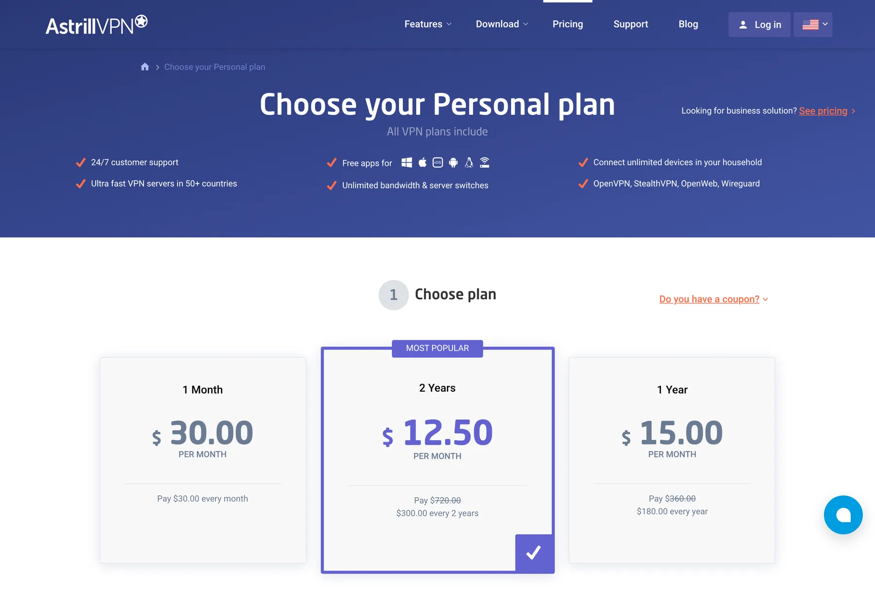 Astrill VPN pricing plans: 1 month, 1 year and 2 years