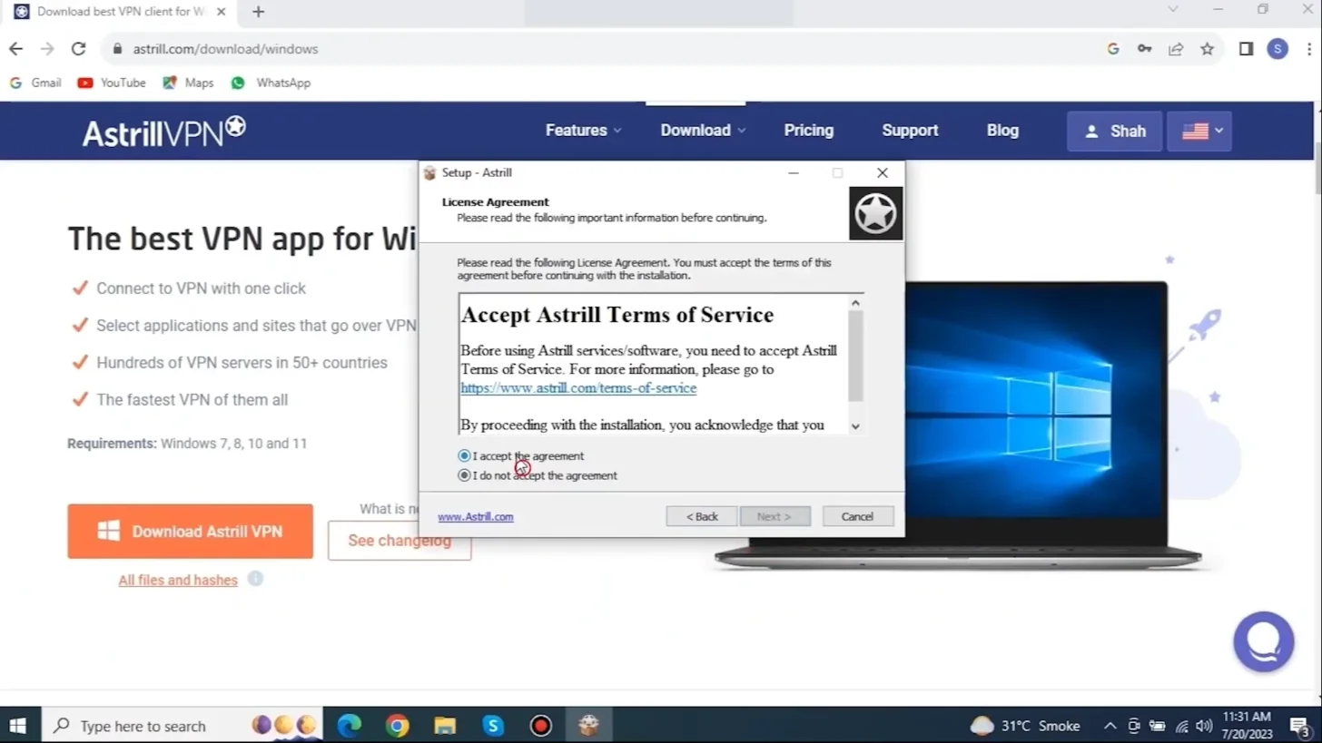 Astrill Windows installer license agreement screen