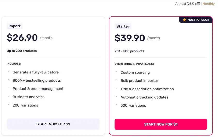 AutoDS pricing plans: Import $26.90 and Starter $39.90 per month