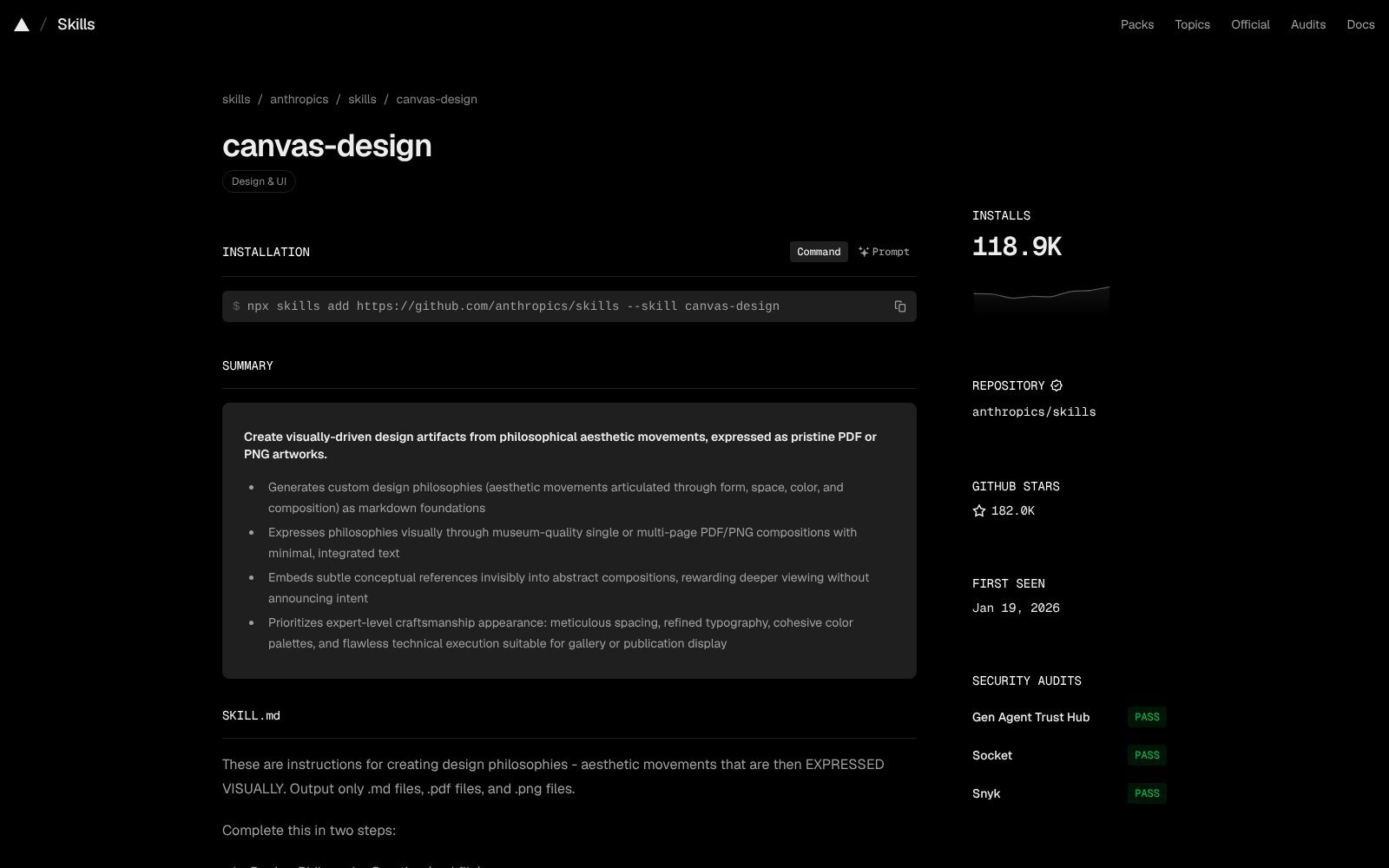 canvas-design skill page on skills.sh showing 118.9K installs and the npx skills add command