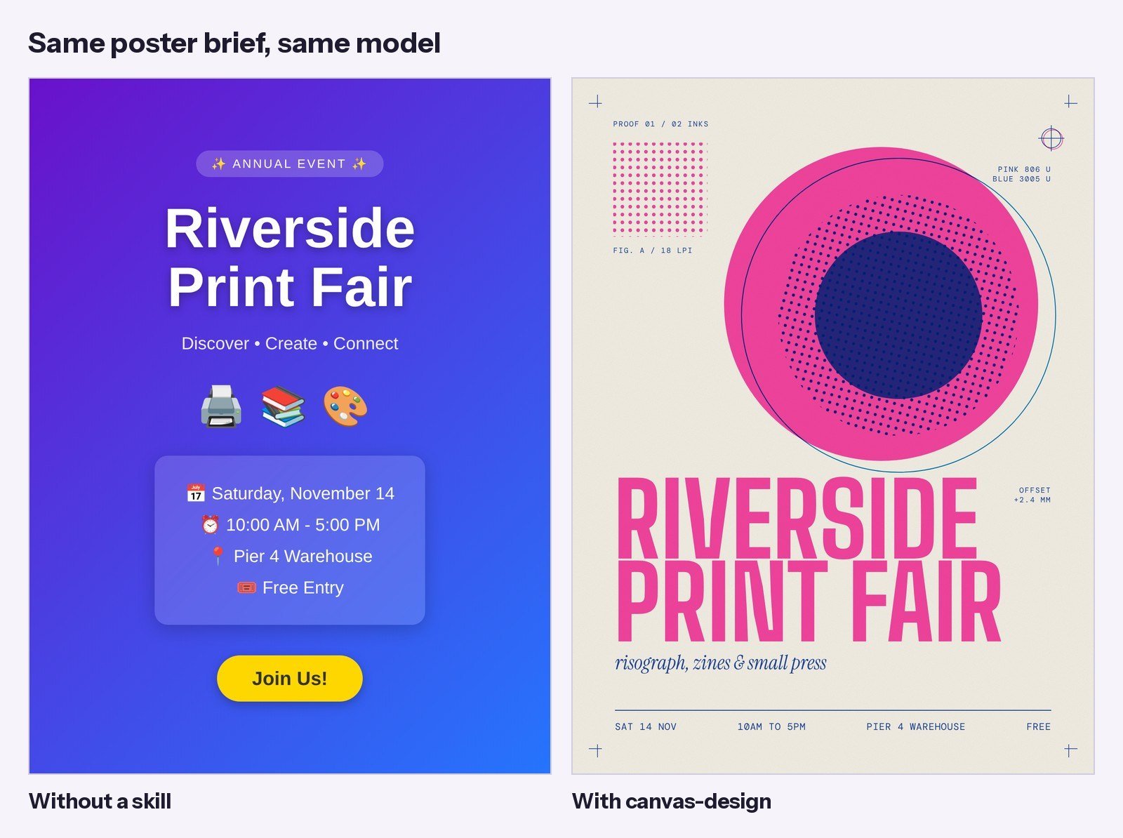 Event poster made by Claude without a skill and with the canvas-design skill, side by side