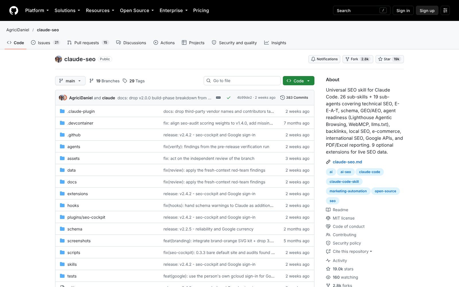 claude-seo GitHub repo by AgriciDaniel, an SEO skill for Claude Code with 26 sub-skills