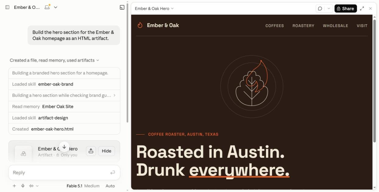 Claude loading the custom ember-oak-brand skill automatically and building an on-brand hero section