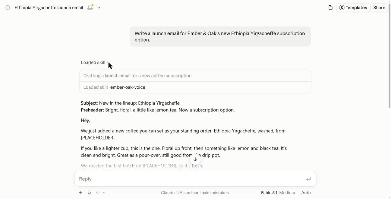 Claude loading the custom ember-oak-voice skill automatically for a launch email request