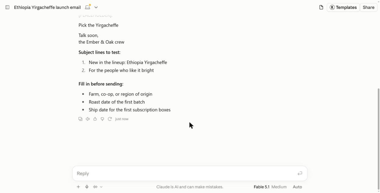 Email from the custom voice skill ending with two subject lines to test and a fill-in-before-sending list