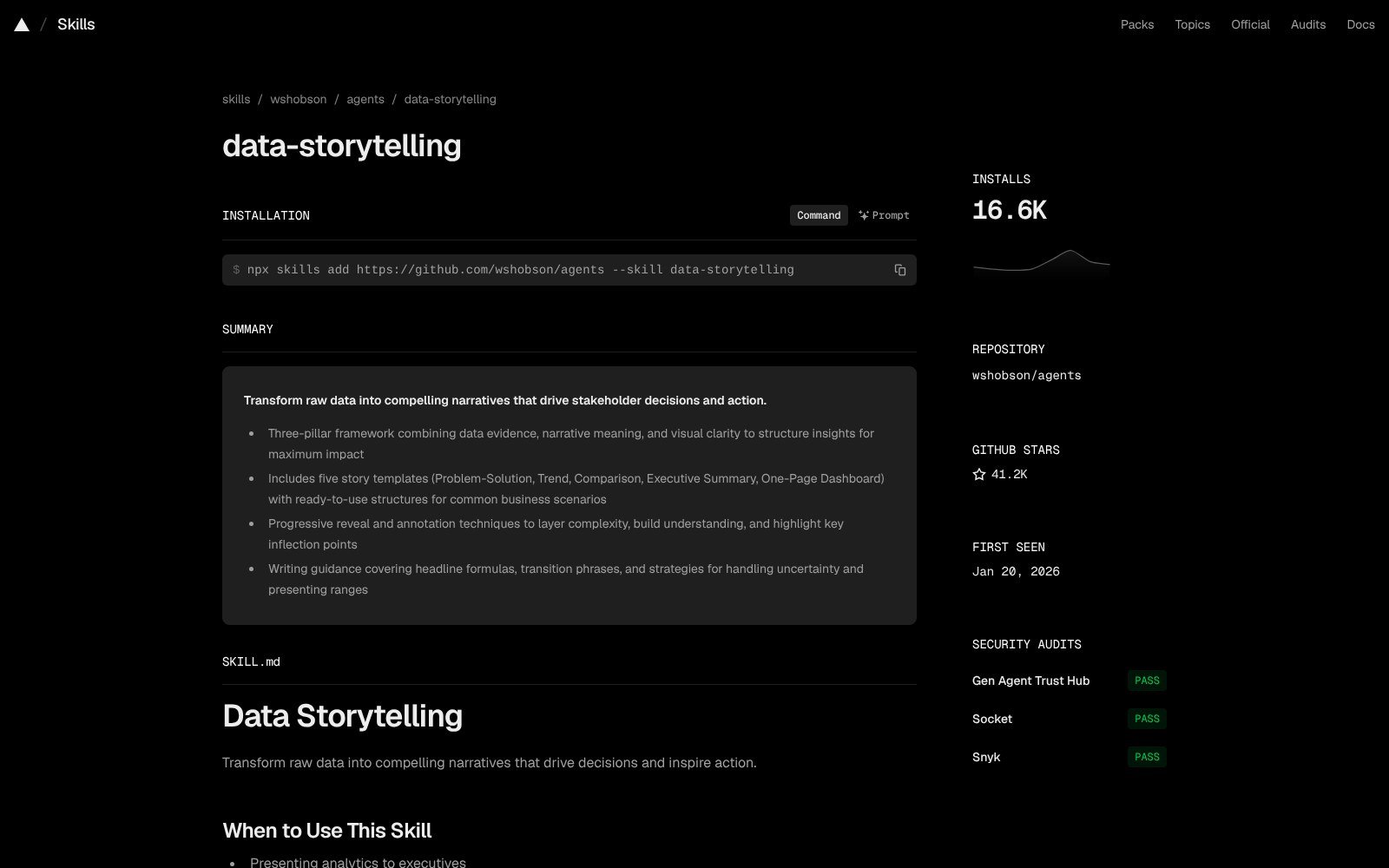 data-storytelling Claude skill page on skills.sh with install command and install count