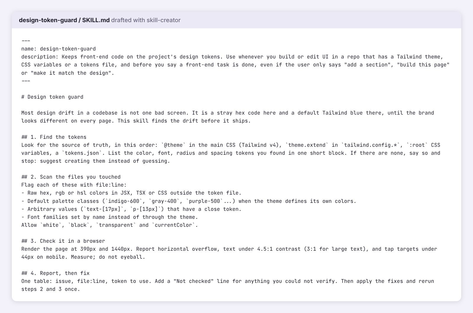 design-token-guard SKILL.md drafted with Claude skill-creator, a design token check skill for Claude Code