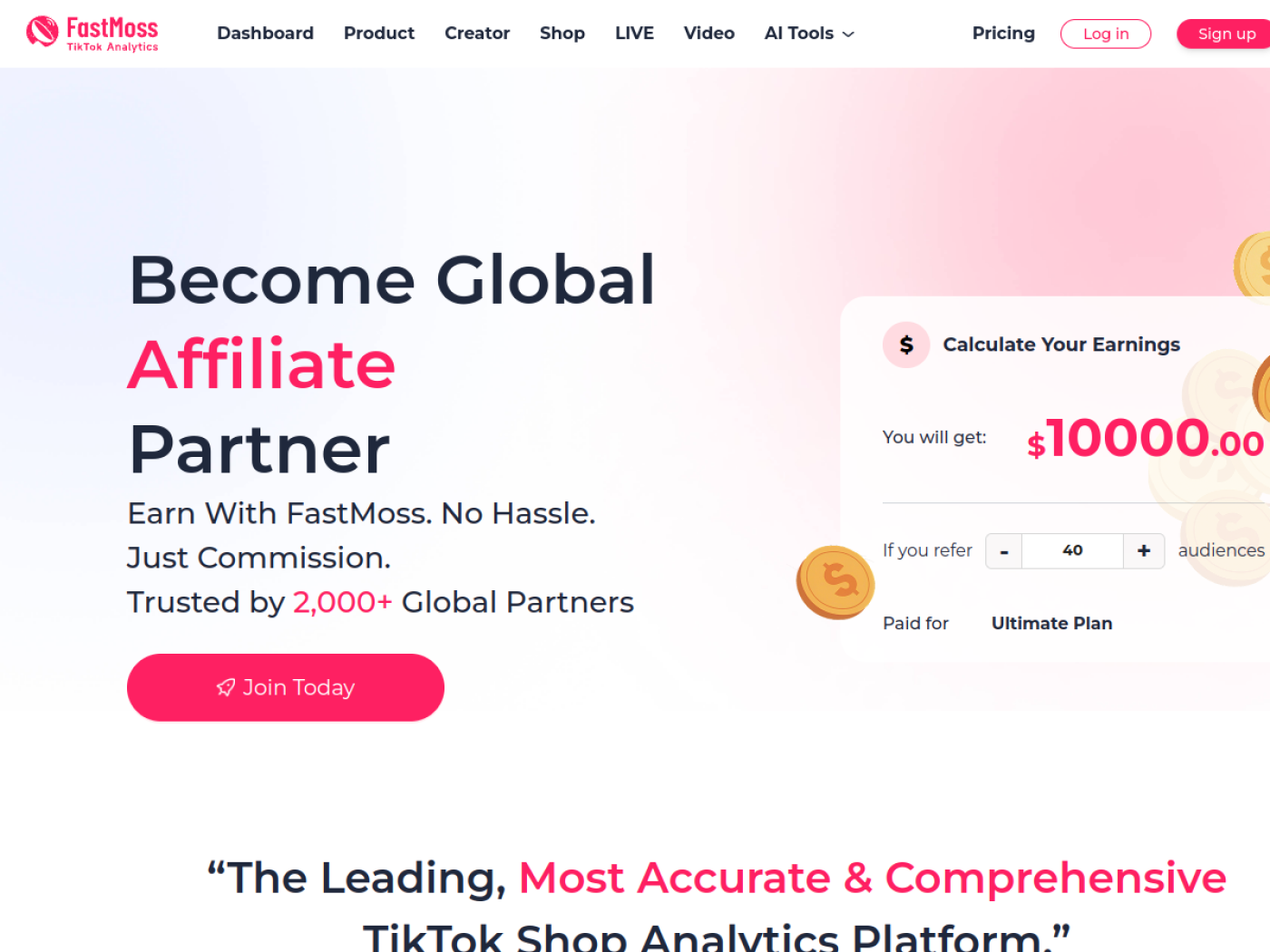 FastMoss affiliate program page with earnings calculator for the Ultimate plan