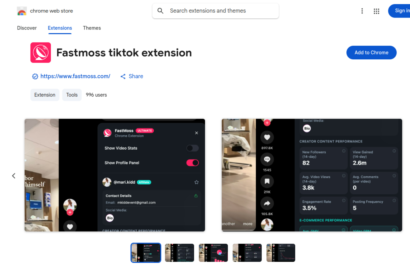 FastMoss TikTok extension on the Chrome Web Store showing creator stats on TikTok pages