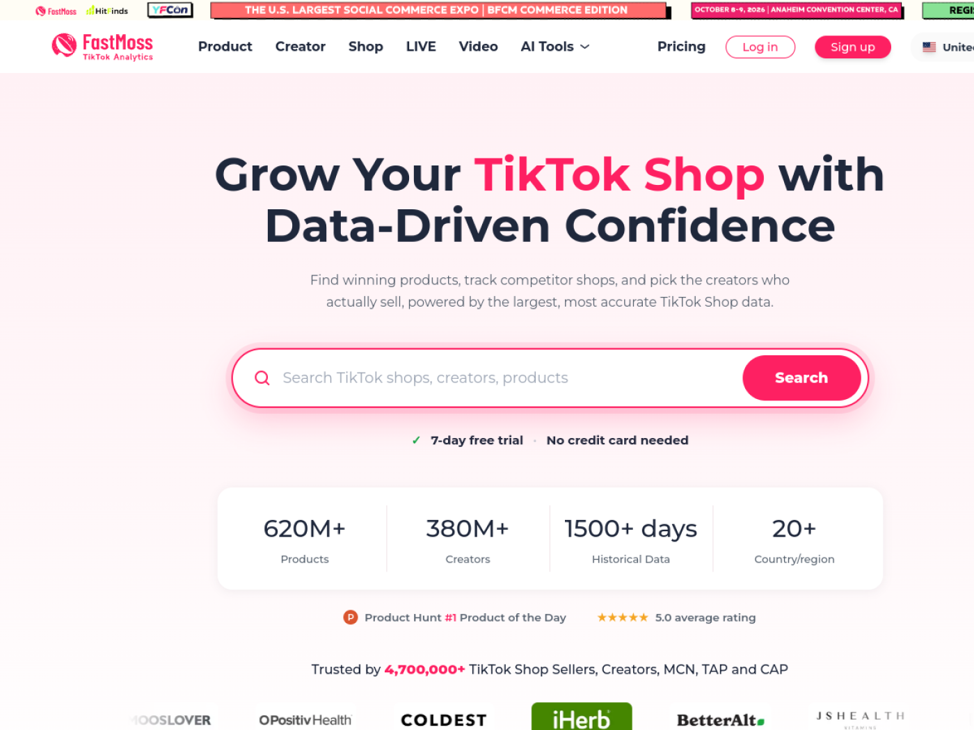 FastMoss homepage with 7-day free trial, no credit card needed, 620M+ products and 1500+ days of data